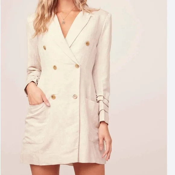 LINEN Blend ASTR Verona Blazer Dress Style # ADR95272 tan double breasted Sz: M - Picture 9 of 15